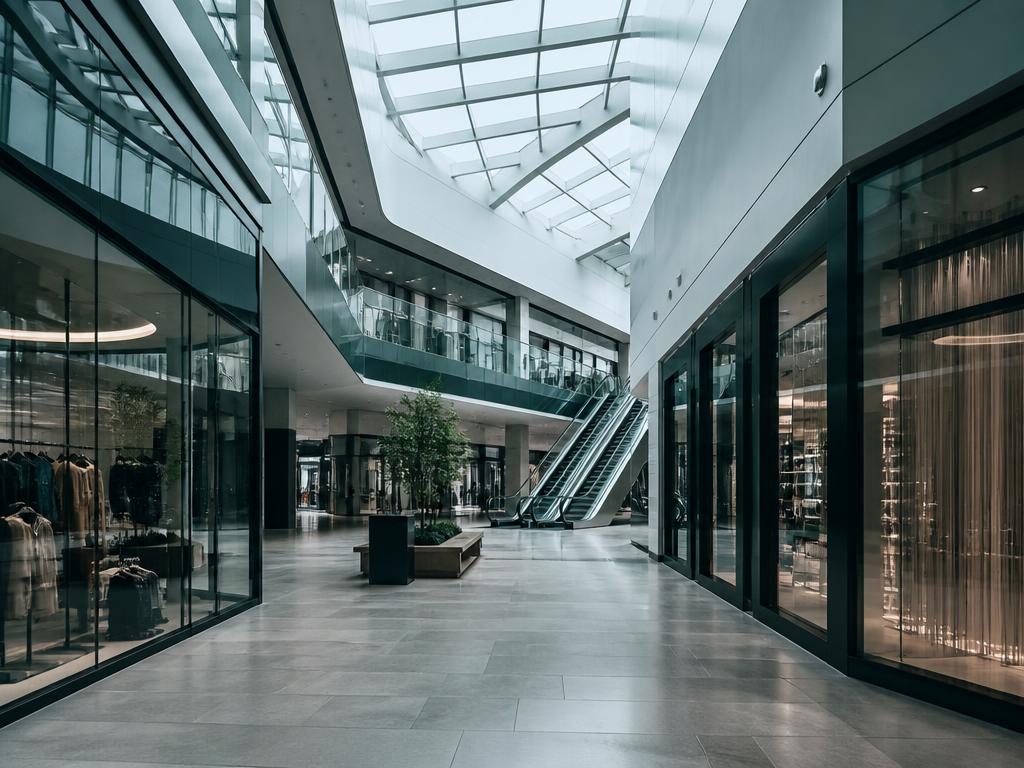Modern shopping centre concourse with shops and escalators